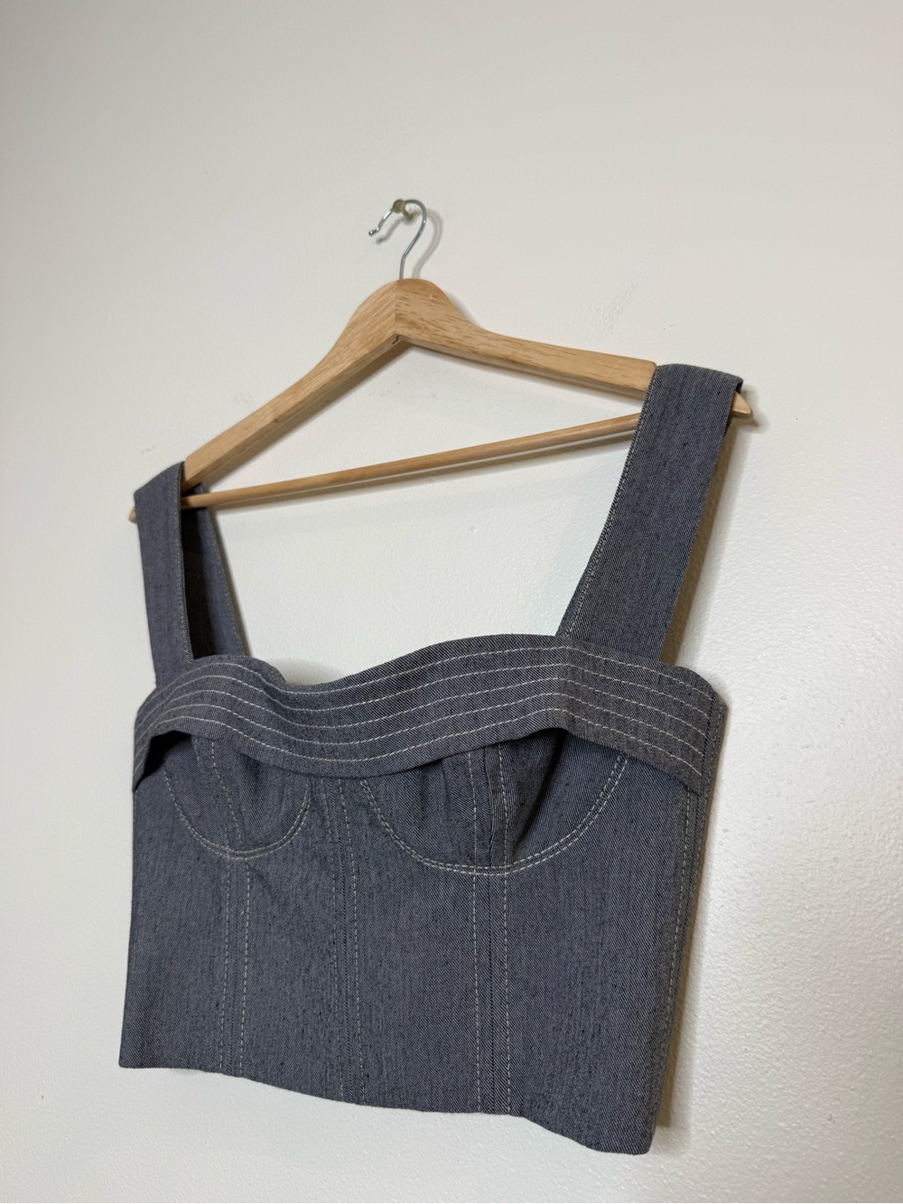 Coolrated Miami Structured Bustier Linen Blend Denim Crop Top Thick Strap Tank - Picture 2 of 8